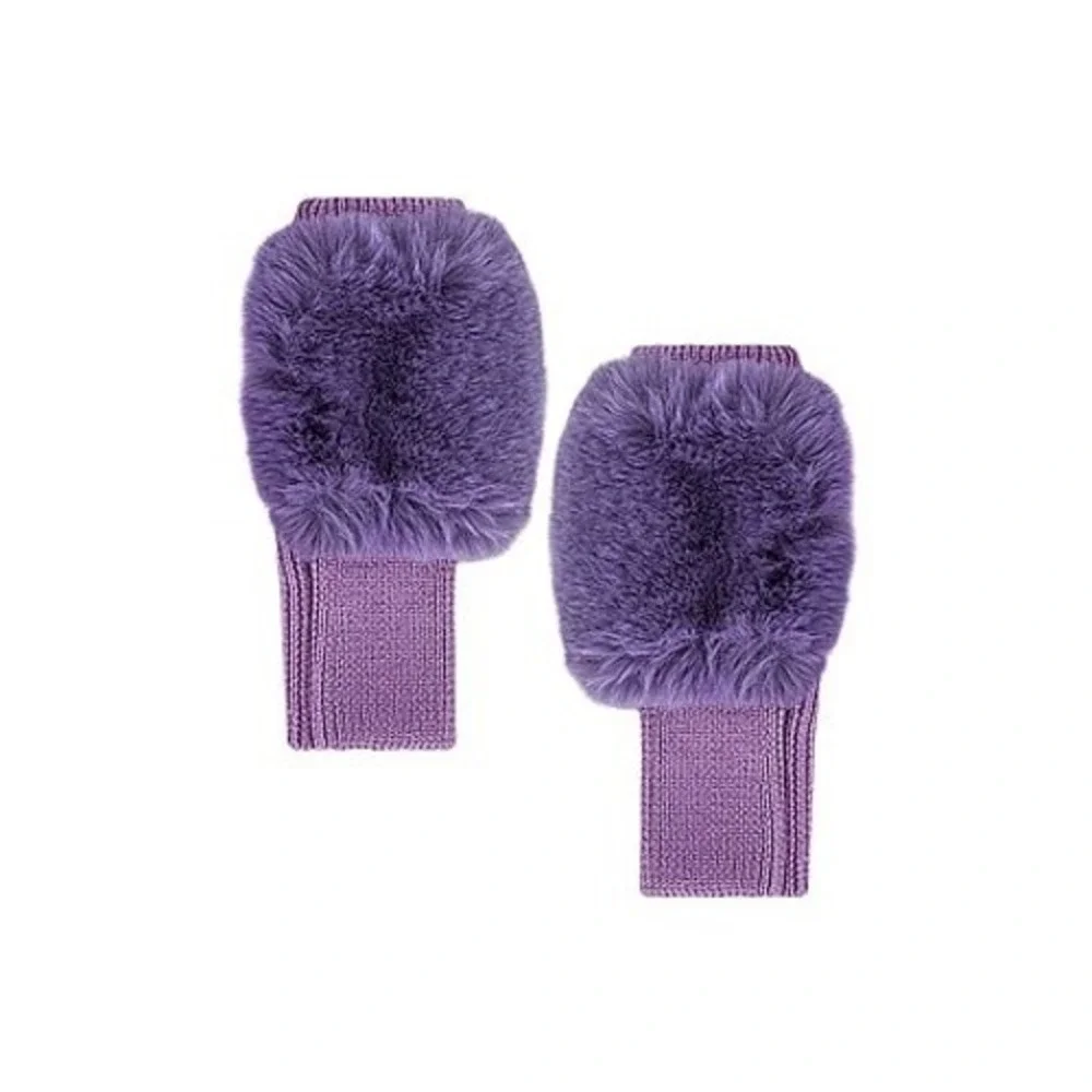 Jocelyn Purple Real Rabbit Fur Trim Ribbed Knit Fingerless Gloves Arm Warmers OS